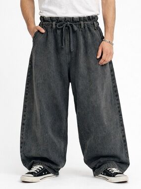 LIONS Men’s Wide Leg Canvas Pants Faded Black Drawstring one size